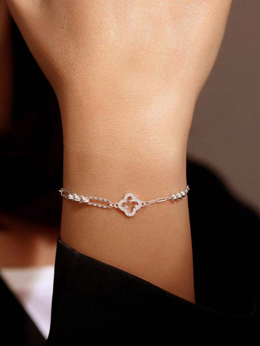 S925 Sterling Silver 14K Gold Plated Graduation Four Leaf Clover/Butterfly/Heart-Shape Chain Bracelet Bridal Jewelry Gift For Women Girls Mother Mom Wife Valentines - Four Leaf Clover - View 1