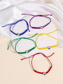 Conjunto de 5 pulseras con nudos planos de alfarería suave hechos a mano con cuerda decorada con flores solares, joyería para mujeres, niñas y regalos de fiesta para amigas - Multicolor - Ver 3