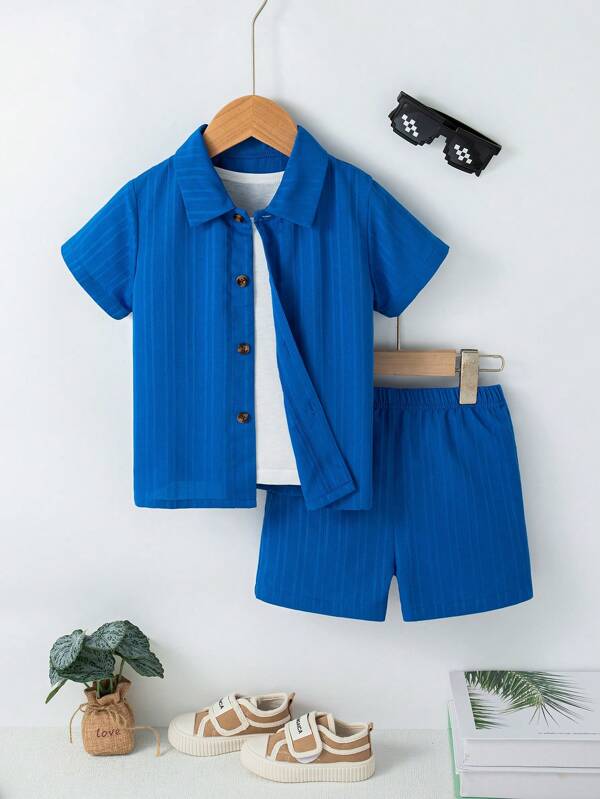 Young Boy Simple Solid Color Summer Casual 3pcs Set - Sleeveless Vest, Short Sleeve T-Shirt, And Shorts