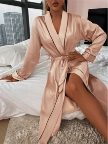 1pc Women's Elegant And Luxurious V-Neck Belted Design Robe, Fall, Winter