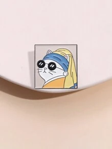 1只具有油畫和假珍珠耳環細節的卡通貓大頭針,男女通用的日常佩戴飾品 - 彩色 - 查看 1