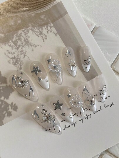 一片棺材形金色碎闪粉底纯手工指甲佩戴香槟色，适合女孩、生日派对、聚会、日常生活，包括一片果冻、一片指甲擦按压指甲美甲用品指甲