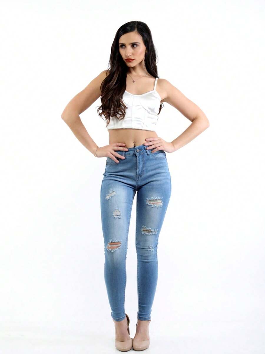 Blue Ripped Skinny Jeans, Slim Fit, High Elasticity, Casual Skinny Jeans, Denim Clothing And Women's Clothing - Blue - View 1