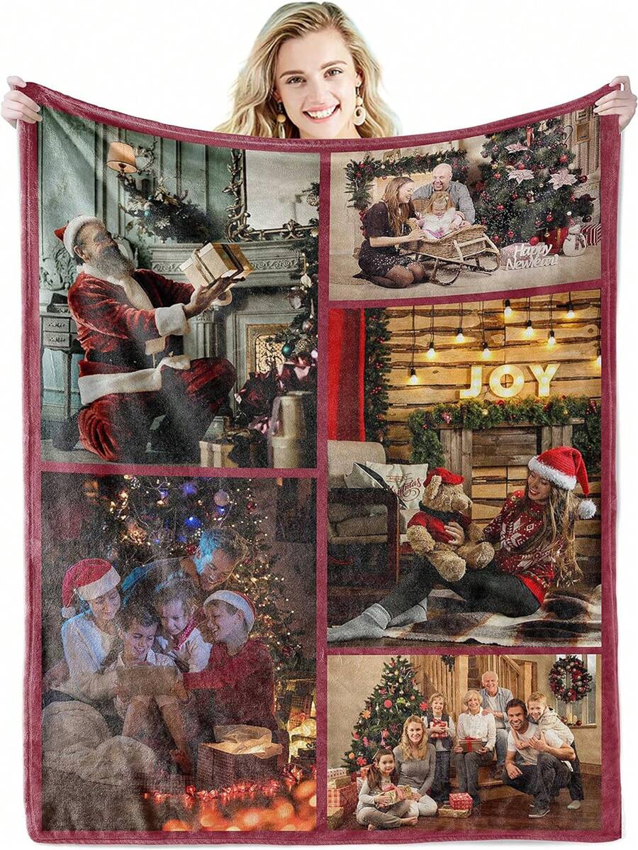Customized 5-Photo Collage Blanket With Text, Perfect For Birthdays, Anniversaries, Weddings, Halloween, Christmas, Or As A Personalized Gift For Boyfriends/Girlfriends. - 5 Photos - View 1
