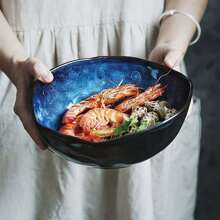 1pc Or 3pcs Klin Blue Color Japanese Ceramic Bowl, Deep Irregular Noodle Ramen Bowl Creative Tableware For Home Or Restaurant