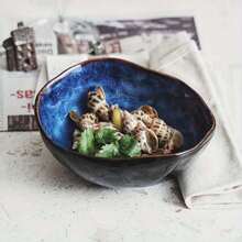 1pc Or 3pcs Klin Blue Color Japanese Ceramic Bowl, Deep Irregular Noodle Ramen Bowl Creative Tableware For Home Or Restaurant