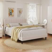 Upholstered Platform Bed Frame With Headboard,Mattress Foundation,Strong Wooden Slats Support,No Box Spring Needed - 米色 - 查看 1
