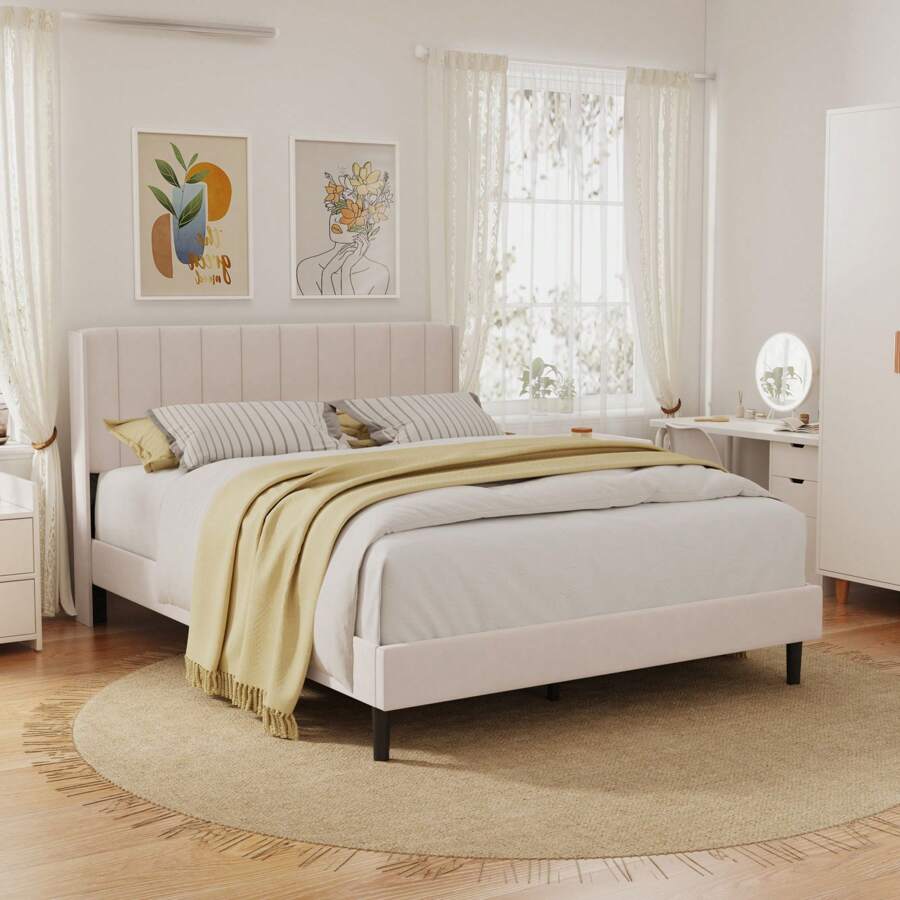 Upholstered Platform Bed Frame With Headboard,Mattress Foundation,Strong Wooden Slats Support,No Box Spring Needed - 米色 - 查看 1