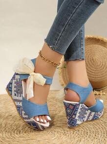 New Handmade Solid Color Floral Wedding Wedge Heels With Lace Bowknot, Waterproof Platform, High Heel Sandals For Plus Size Women, Summer - Blue - View 1