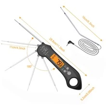 Un thermomètre à viande imperméable, multifonctionnel, pliable et manuel avec des lectures rapides en 2 à 3 secondes, une détection de température précise, fabriqué en matériau ABS, avec une sonde en métal en acier inoxydable et un bouton de commande en silicone. Il dispose d'un écran rétroéclairé, d'un aimant à l'arrière pour un rangement facile sur les réfrigérateurs, d'une fonction étanche, d'une température d'alarme réglable, d'une fonction d'alarme sonore et d'une sonde externe avec un cordon d'extension. La température peut être calibrée. Compact et léger, la sonde pliable assure un rangement sûr et sécurisé. Il est également livré avec un design suspendu.