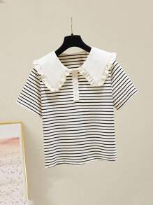 Tween Girls' Ruffled Striped Short Sleeve Blouse, Sweet Back To School Shirt For Toddler & Tween Girls, Summer - Apricot - View 3