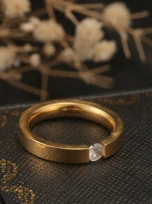 1 件装不锈钢金色简约风格 CZ 单钻水钻戒指指环，男女通用 - 金黃色 - 查看 3