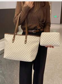 Luxurious Large Capacity Tote Bag With Letter Prints, Perfect For Women's Everyday Commuting, Spring And Summer - Beige - View 5