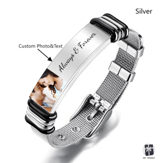 Pulsera personalizada de acero inoxidable con foto y grabado, regalo elegante para parejas, negro, plateado, estilo vintage, sencillo, personalizado, único, regalo ideal para él, novio, papá, familia, amigos, hijo, abuelos, para aniversarios, San Valentín, cumpleaños, Día del Padre, graduación, uso diario, baile de graduación, útiles escolares, vuelta al cole, regalo escolar, para la oficina, para la escuela, para el aula, para regalos de maestros, para la universidad, para colegas, para dormitorios, para maestros, para niños y niñas, para adolescentes, estudiantes de secundaria, estudiantes de preparatoria, estudiantes universitarios, estudiantes de primer año, estudiantes de segundo año, estudiantes de cursos inferiores, pulseras de moda personalizadas con foto, elegante otoño