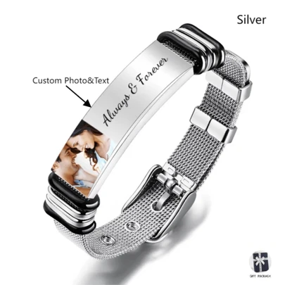 Custom Photo And Engraved Stainless Steel Bracelet Gift For Couples Black,Silver Stylish,Fall Fashion,Vintage,Contracted,Simple Custom,Personalized,Unique Ideal Gifts For Him Boyfriend,Dad,Family,Friends,Son,Grandparents For Anniversaries,For Valentine's Day,For Birthdays,For Father's Day,For Graduation,For Daily Wear,For Prom Valentines,School Supplies,Back To School,School Gift,For Office,For School,For Classroom,For Teacher Gifts,For University,For Colleague,For Dorm Rooms,For Teacher,For Boys And Girls,For Teenagers,Junior High School Students,Middle School Students,High School Senior High School Students,College Students,University Students,Freshman,Sophomore,Underclassmen,Customized Fashion Photo Bracelets,Chic Autumn