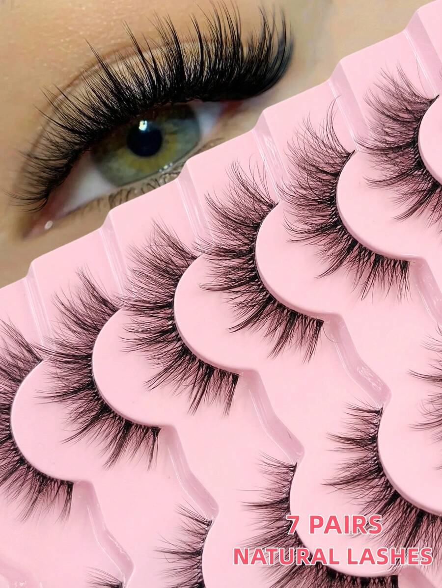 Asiteo 7对自然款假睫毛，透明睫毛柄，轻盈蓬松，柔软仿貂毛材质，可延长睫毛长度