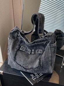 2024 New Minimalist Large Capacity Casual Jeans Crossbody Bag, Ripped Detail Decoration, Street Style, Adjustable Shoulder Strap, Unisex Solid Color Shoulder Bag For College Students, Perfect For Cow Girl