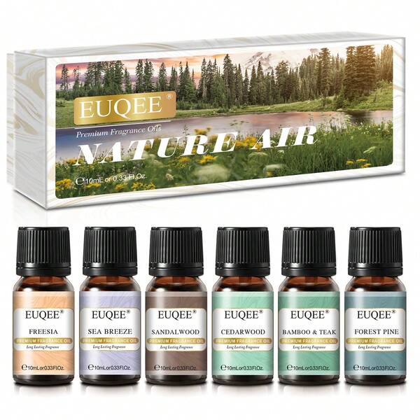 EUQEE TOP 6pcs 10ml/0.33fl.Oz Set Minyak Esensial Wangi Nature Air - Tetap Segar & Alami, Jaga Suasana Hati yang Baik - Minyak Wangi Sea Breeze, Forest Pine, Bamboo & Teak, Cedarwood, Sandalwood, Freesia