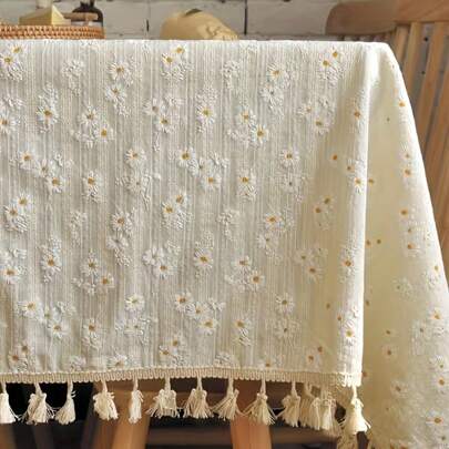 1pc Square Tassel Tablecloth, Delicate Rustic Daisy Pattern Dust-Proof Tablecloth With Tassels, Suitable For Picnics, Parties, Room, Kitchen, Home Decor