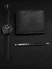 1 pièce Montre-bracelet à quartz étudiant genevoise décontractée pour garçons + 1 pièce Portefeuille noir haut de gamme et porte-cartes + 1 pièce Ensemble de stylo noir élégant, ensemble cadeau de saison de remise de diplôme pour garçons
