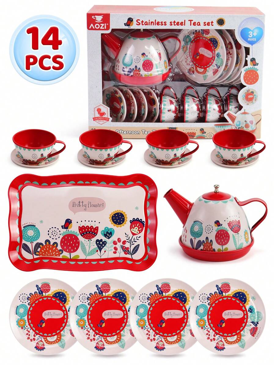 14Pcs Tea Party Set For Little Girls, Pretend Play Tin Teapot Set Toys