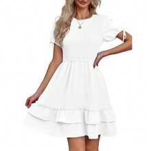 BZB Womens Summer Casual Ruffle Mini Dress Short Sleeve Cute Babydoll Smocked Short Dresses - White - View 1