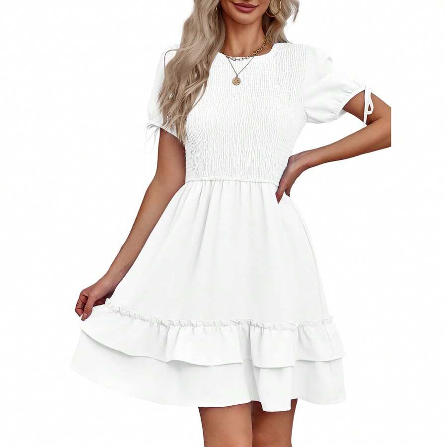 BZB Womens Summer Casual Ruffle Mini Dress Short Sleeve Cute Babydoll Smocked Short Dresses - White - View 1