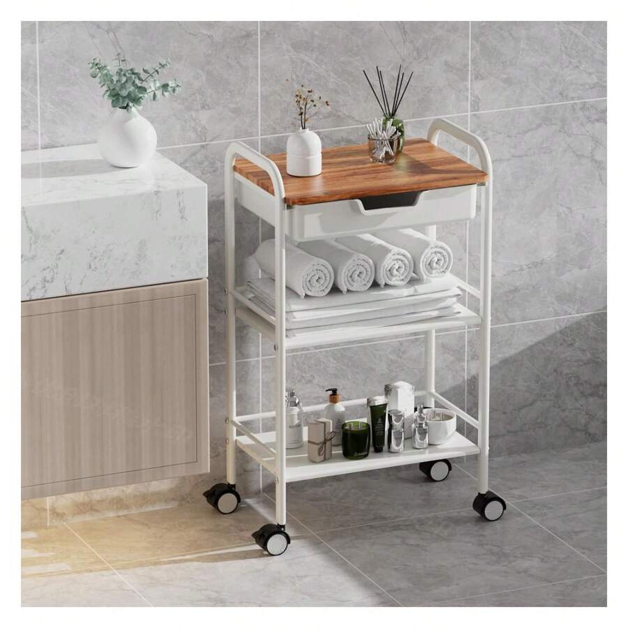 3 Tier Rolling Cart With Drawer, Metal Rolling Storage Cart With Table Top, Modern Utility Cart On Wheels Kitchen Cart Storage Organizer For Bathroom Office Living Room, White - Multicolor - View 1