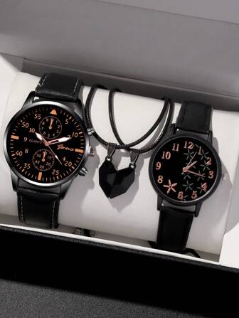 4入組時尚萬用男女圓形腰帶手表，情侶用石英手錶，配戀愛吊墜項鍊組合套裝