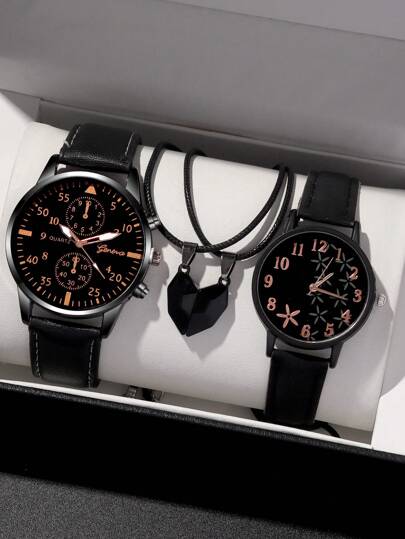 Set de 4 piezas: Cinturón casual y versátil de moda, relojes de cuarzo para pareja con collar colgante con corazón