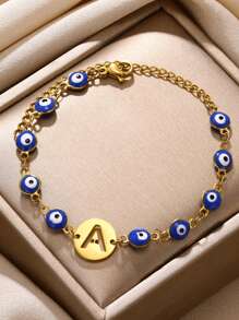 1PC Lucky Blue Evil Eye Letters Bracelets For Women Girl Gold Color Stainless Steel Hollow Initials Round Bracelet Women Amulet Aesthetic Jewelry Gift