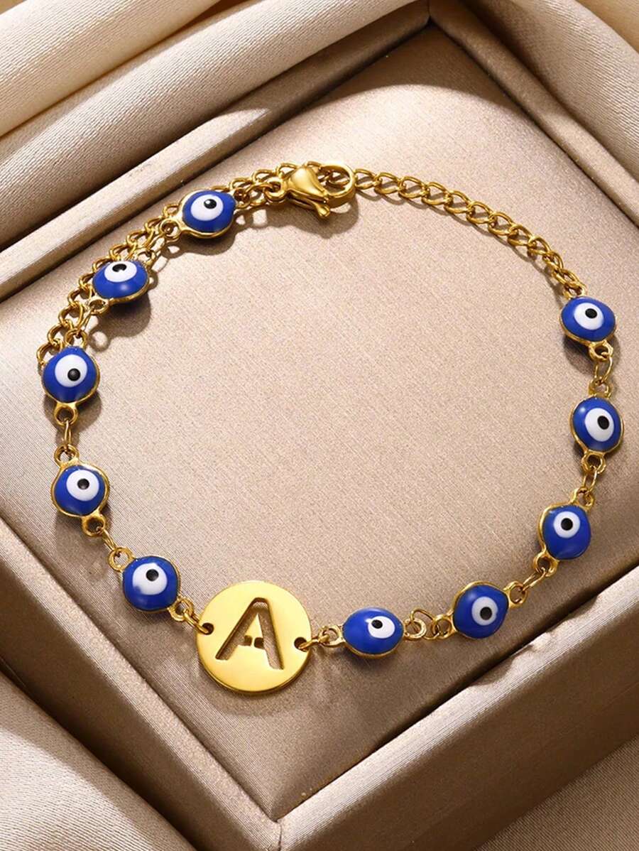 1PC Lucky Blue Evil Eye Letters Bracelets For Women Girl Gold Color Stainless Steel Hollow Initials Round Bracelet Women Amulet Aesthetic Jewelry Gift
