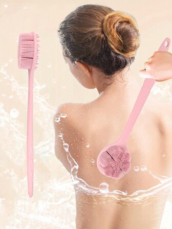 1 Pc Silicone Back Scrubber For Shower Bath Body Brush With Long Handle,Double Sided Shower Brush For Shower Exfoliating And Massage Can Produce Rich Foam, Long Handle Back Scrubber For Men And Women,Halloween Presents, Christmas Gifts (Pink)