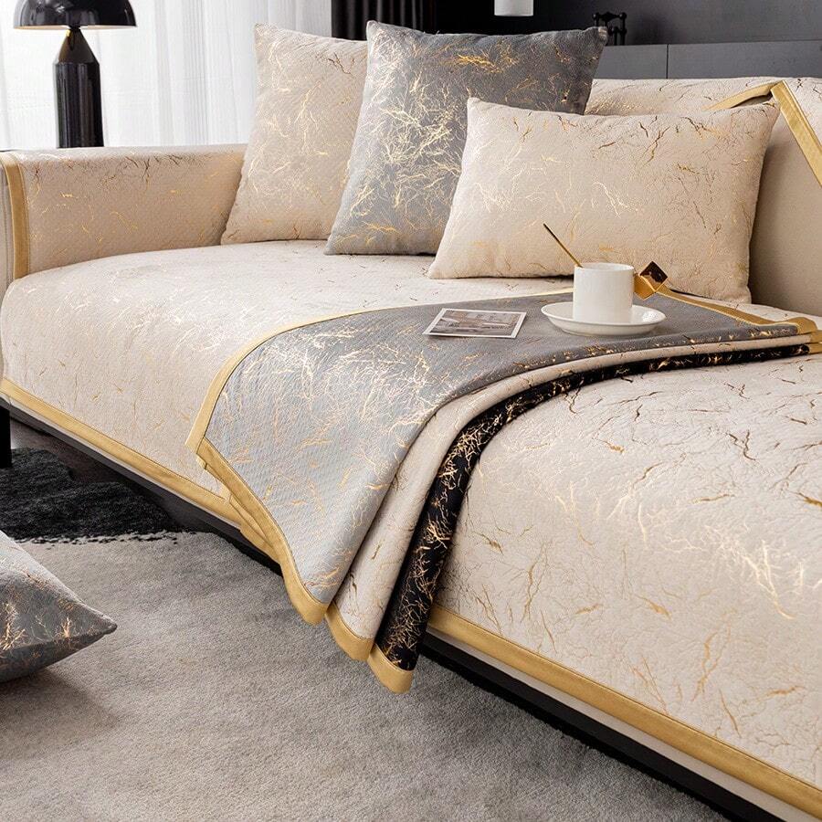 1入組奢華燙金四季通用防滑沙發墊，適用於起居室、臥室和辦公室的1/2/3/4/5座沙發，寵物友好的家具保護套 - 可機洗和水洗沙發墊 - 米色 - 查看 1