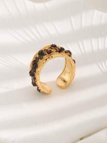 1 Nhẫn mở đầu hình hoa & đá Zirconia thiết kế màu đen đơn giản và thời trang dành cho nữ, thích hợp để đeo hàng ngày. - Vàng - Xem 3