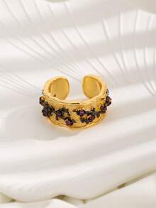 1 Nhẫn mở đầu hình hoa & đá Zirconia thiết kế màu đen đơn giản và thời trang dành cho nữ, thích hợp để đeo hàng ngày. - Vàng - Xem 2