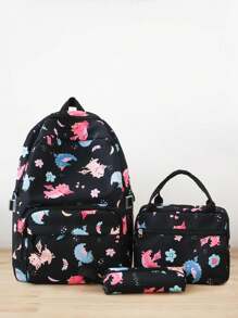 3pcs Cartoon Rainbow Patterned High Capacity Backpack, Lunch Box And Pencil Case Set, Nylon Material With Zipper Closure, Suitable For Daily School, Travel And Vacation Use - View 1