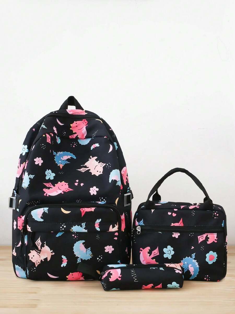 3pcs Cartoon Rainbow Patterned High Capacity Backpack, Lunch Box And Pencil Case Set, Nylon Material With Zipper Closure, Suitable For Daily School, Travel And Vacation Use - View 1