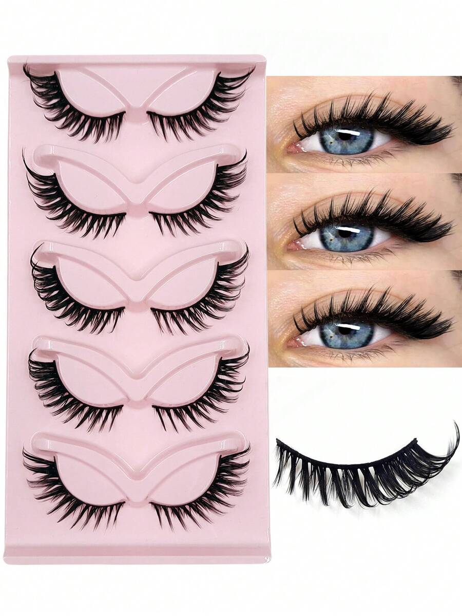 Asiteo 5 Pairs Cluster False Eyelashes, Cat Eye Natural Style, Extended Tail Lashes, Faux Mink Lashes, Fox Eye Lashes, Makeup Eyelash Extensions - 黑色 - 查看 1