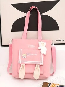 可愛的卡通兔耳帆布手提包，適用於女性、學生，大容量 - 粉色 - 查看 3