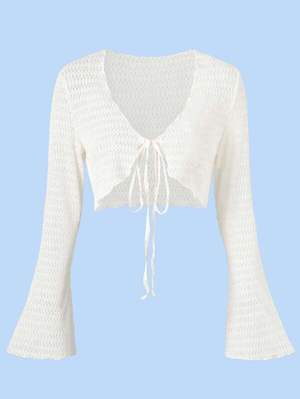 Vestes à manches évasées avec ceinture à la taille de couleur unie légère, printemps et été