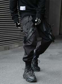 Men's Black Paratrooper Multi Pockets Pants Techwear Streetwear Polyester Blend Strapped Joggers - 黑色 - 查看 2
