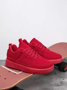 (Size Runs Small) Men's Minimalist Red Tie-Up Skate Shoes, High-Platform Comfortable Casual Sneakers For Teens & Youth, Outdoor Couples Leisure Sport Shoes