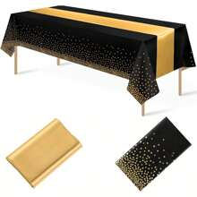 2 Packs/8 Pack, 1 Pc/4 Pcs Disposable Plastic Tablecloths And 1 Pc/4 Pcs Satin Table Runner Set, Black And Gold Dot Tablecloth Gold Satin Table Runner For Wedding Birthday Anniversary Christmas New Year Party Decorations