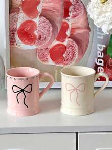 1入優雅蝴蝶結情侶杯，陶瓷咖啡杯，高質量家庭、辦公室和咖啡店餐具 - 蝴蝶結馬克杯 - 查看 3