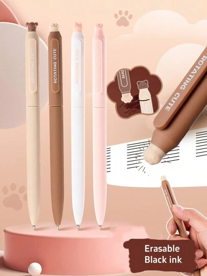 4支装卡通爪印可擦凝胶笔套装，黑色墨水，可伸缩笔尖，0.5毫米圆珠笔，适合办公、学校及返校必备