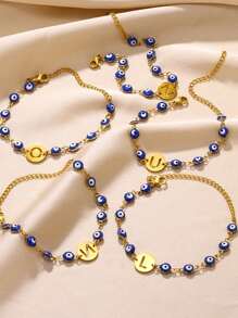 1PC Lucky Blue Evil Eye Letters Bracelets For Women Girl Gold Color Stainless Steel Hollow Initials Round Bracelet Women Amulet Aesthetic Jewelry Gift