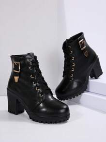 Giày bốt mùa đông cổ điển mới có khóa kéo bên hông dành cho nữ, giày bốt buộc dây màu trơn có gót cao siêu dày, mùa thu/đông - màu đen - Xem 5