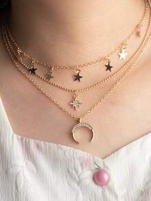 1pc Women's Fashionable Multi-Layered Star Moon Personalized High-End Triple Necklace - Layered Necklace - View 2