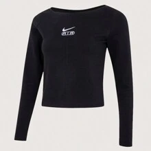 Nike 耐克 女子休闲字母刺绣长袖运动 T 恤 FN1912-010 - 黑色 - 查看 1
